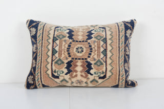 Oushak Rug Lumbar Pillow, Tan and Blue Ethnic Cushion Cover