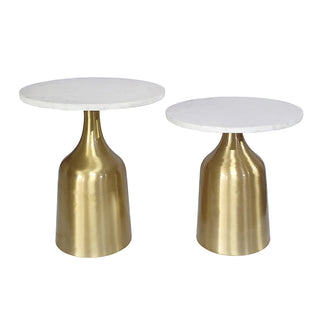 Set of 2 Gold Aluminum and White Marble Side Tables