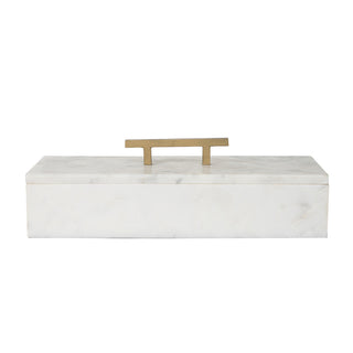 White Marble Lidded Rectangle Box with Brass Handle - Large